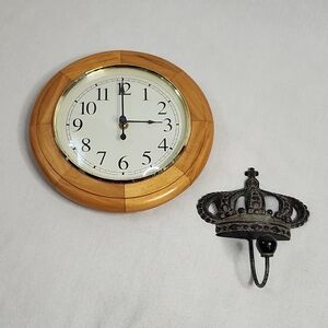 Vintage Natural Wood Wall Clock with Black Crown Hook